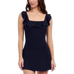 Profile By Gottex Navy Ruffle Square-Neck One-Piece Swim Dress